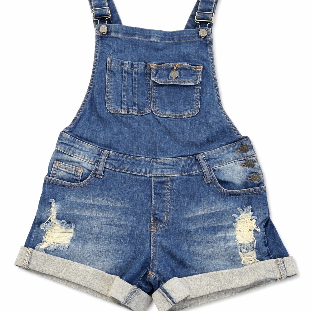 Machine Distressed Denim Short Overalls | Women’s 26 | Cuffed Hem